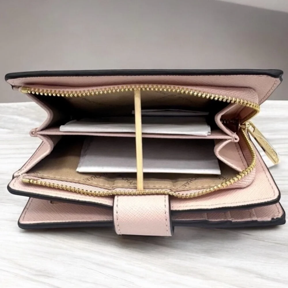 Michael Kors Medium Jet Set Travel Zip Chain Bifold Wallet Leather Powder Blush